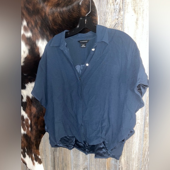 Club Monaco size XS oversized crop fit short sleeve navy blue blouse - Picture 2 of 4